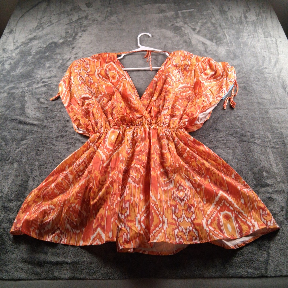 NWT Cupshe Romper Womens Small Orange Ikat Print V-Neck Drawstring Shoulder Boho - Picture 3 of 9